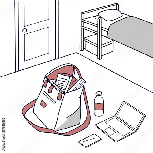 A dorm room scene with a bed a door a bag filled with papers a laptop a phone and a bottle of water illustrating student life and preparedness