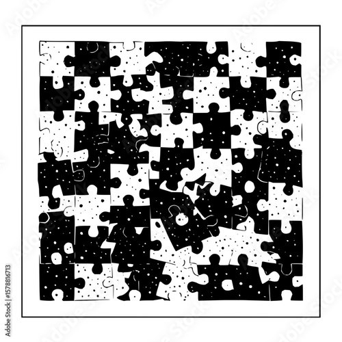 Black and white puzzle pieces arranged in a square with a border and speckled pattern design forming art