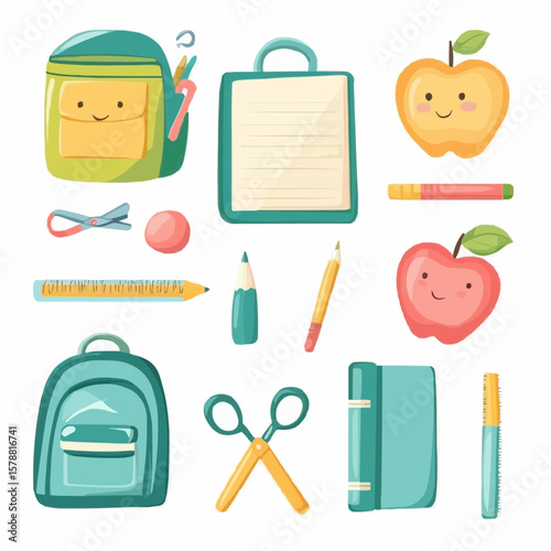 Simple school supply set with cartoon look and bright colors, perfect for children’s stationery, classroom printables or educational projects