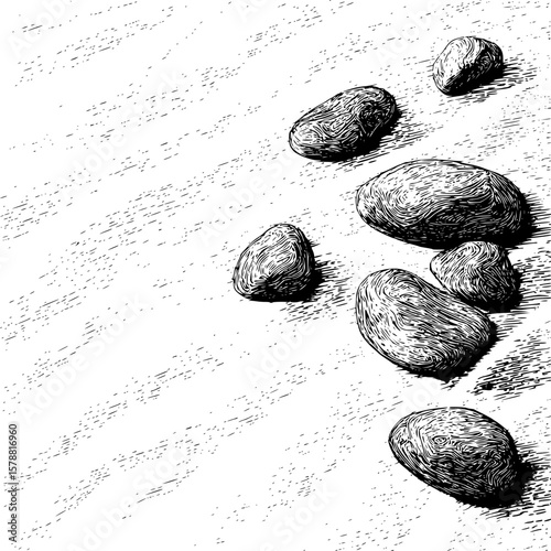 Illustration of several smooth stones scattered on a textured white surface with visible shadows casted