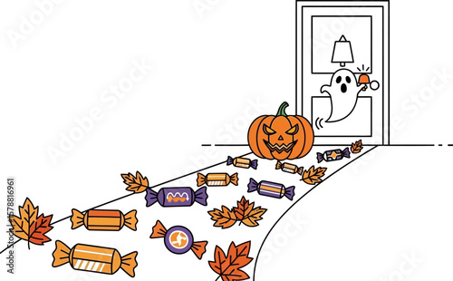 A halloween scene with a ghost ringing the doorbell a pumpkin and candy on the path with leaves