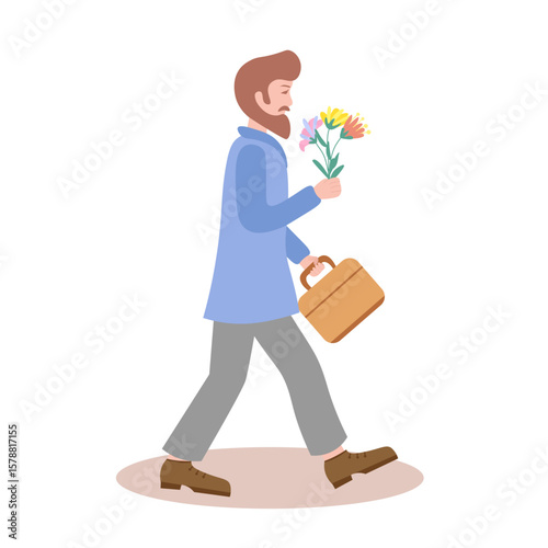 man with bouquet of flowers. Vector Illustration for printing, backgrounds, covers and packaging. Image can be used for greeting card, poster, sticker and textile. Isolated on white background.