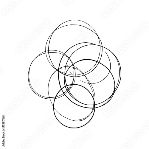 Overlapping circles in a cluster formation with varying thicknesses on a white background creating depth