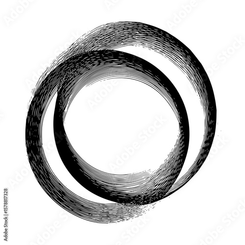 Intersecting circles with textured lines creating a dynamic visual pattern in black and white design