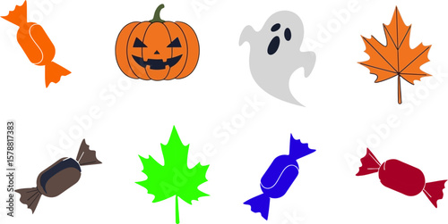 A halloween themed pattern with pumpkins ghosts leaves and candies on a dark blue background design