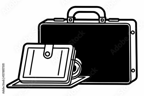 A briefcase and wallet are isolated on white background in black and white