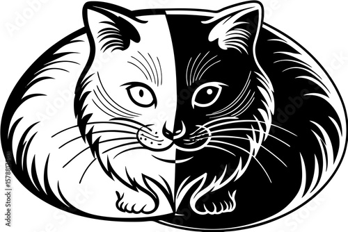 A black and white cat face represents the balance of yin and yang