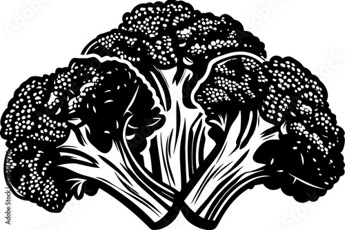 Two broccoli florets in a bold black and white silhouette