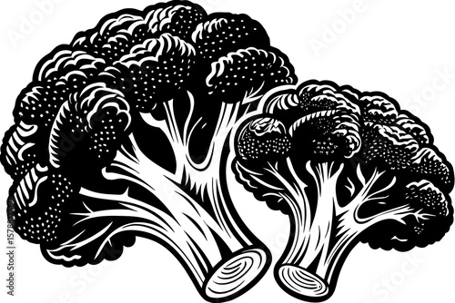 Two broccoli florets in a bold black and white silhouette illustration