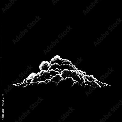 Illustration of a dense cloud formation with stippled texture against a stark black background art design