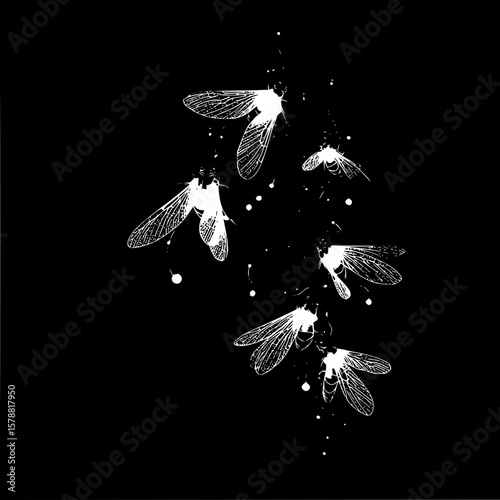 A monochrome depiction of several fireflies clustered together on a black background at night time