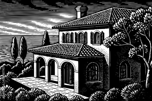 Mediterranean coastal villa with tiled roof, arched windows, olive trees, and sea view, beautifully captured in black and white line art illustration for travel, culture, and real estate design
