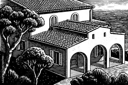 Mediterranean coastal villa with tiled roof, arched windows, olive trees, and sea view, beautifully captured in black and white line art illustration for travel, culture, and real estate design