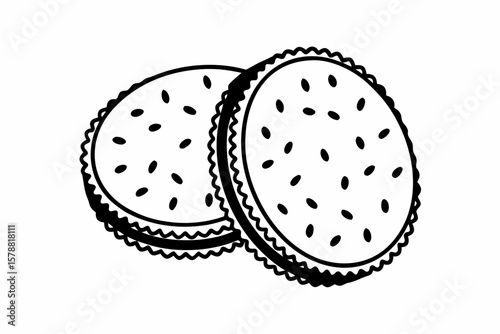 Two sesame seed cookies isolated on white background are drawn in black and white