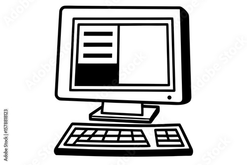 A retro desktop computer isolated on white background is drawn in black and white