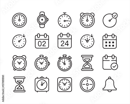 Clock and Calendar Icon Set – Time, Alarm, Stopwatch, Schedule Symbols