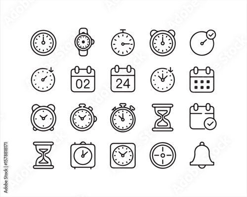 Time and Calendar Icon Set – Line Style Clock, Date & Schedule Symbols