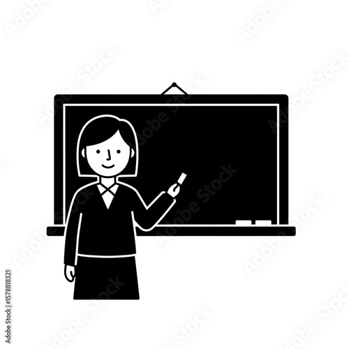 A teacher is writing on the chalkboard isolated on white background