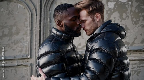 Tender winter embrace between two stylish men in glossy black puffer jackets