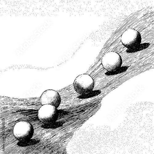 A black and white illustration of several spheres rolling down a textured inclined plane with shadows cast