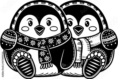 Two cute penguins wearing scarves and mittens isolated on white background