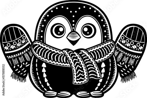 A cute penguin wearing a scarf and mittens isolated on white background