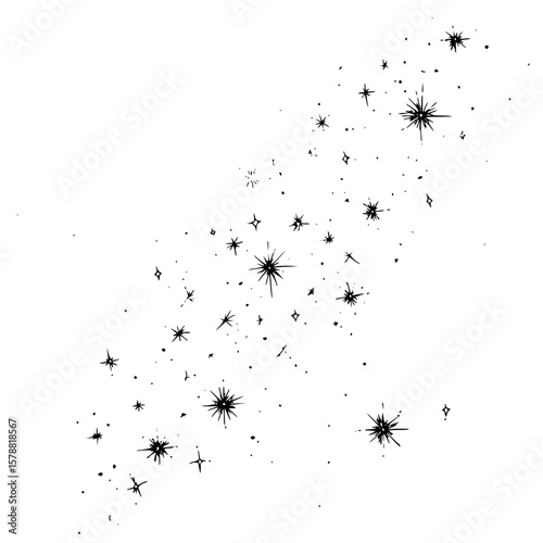 Black and white illustration of a scattered cluster of stars and small dots on a white background