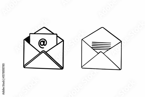 Two email envelopes are isolated on white background in black and white