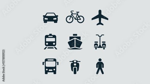 Collection of nine transportation icons including car bicycle airplane train ship scooter bus segway and person isolated on white background