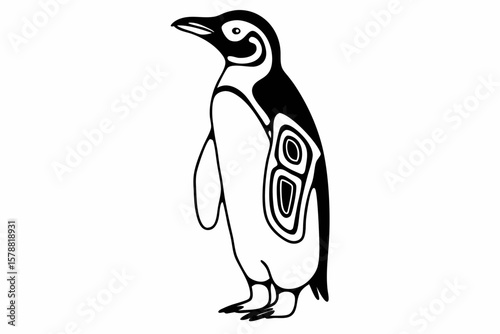 A penguin with a unique pattern stands on white background