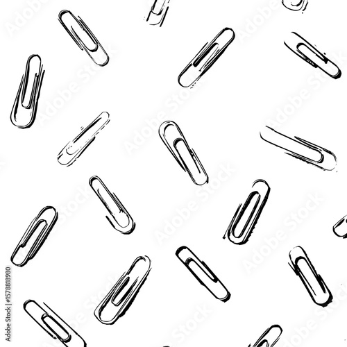 A repeating pattern of sketched paper clips scattered across a white background in a random manner