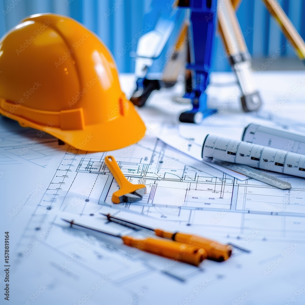 Construction blueprints, hard hat, tools, and surveying equipment are arranged on a table, showcasing a construction project's planning and preparation Construction blueprints, hard hat, tools, and surveying equipment are arranged on a table, showcasing a construction project's planning and preparation