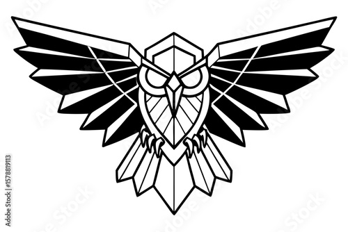 A geometric owl with spread wings isolated on white background in line drawing