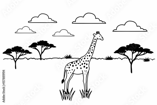 A giraffe stands in the savanna with trees and clouds in the background