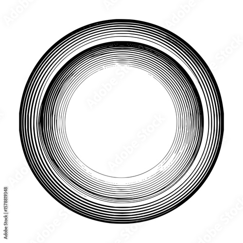 Circular graphic design featuring multiple concentric rings in black and white with a central void area