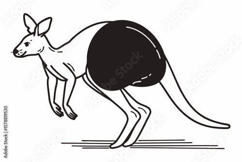 A black and white illustration of a kangaroo standing isolated on white background