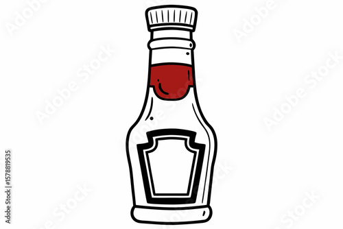 A black and white illustration of a ketchup bottle isolated on white background