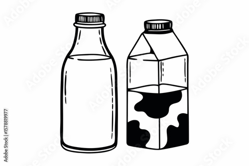 A milk bottle and carton isolated on white background in black and white
