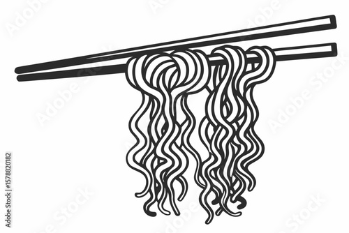 Hand drawn noodles with chopsticks isolated on white background