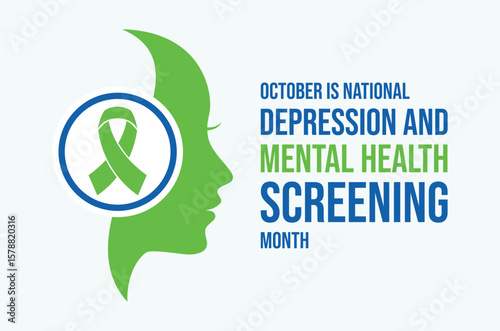 October is National Depression and Mental Health Screening Month poster vector illustration. Female head in profile and green awareness ribbon icon. Template for background, banner, card