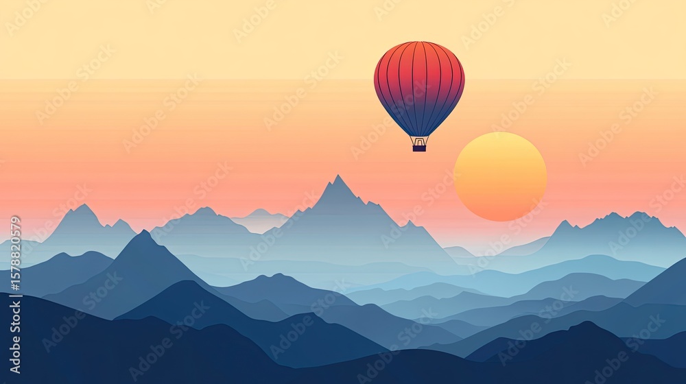 Fototapeta premium A vibrant hot air balloon floats gracefully above a scenic landscape.