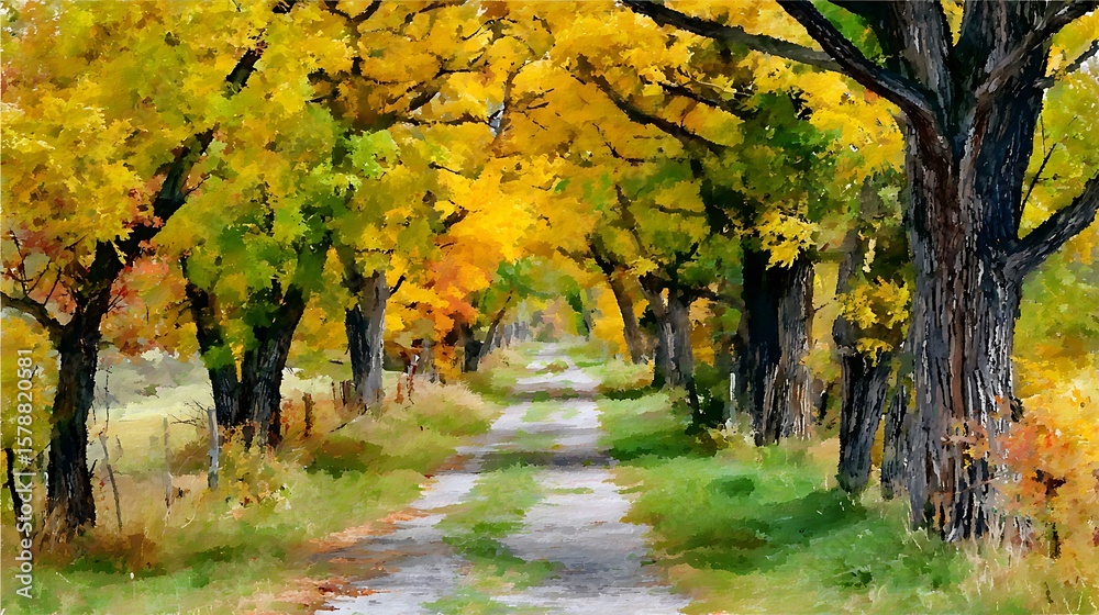 Naklejka premium Vibrant autumn tree tunnel path with golden yellow and green foliage
