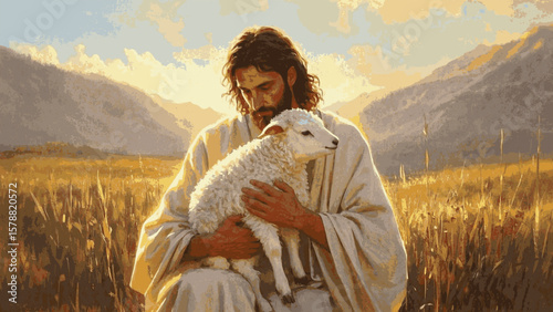 Sacred Lamb Light Jesus is holding a lamb isolated watercolor vector illustration svg