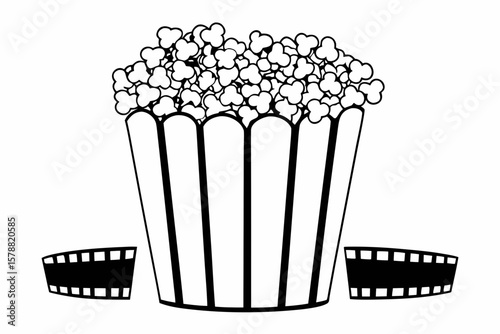 A bucket of popcorn with film strips isolated on white background