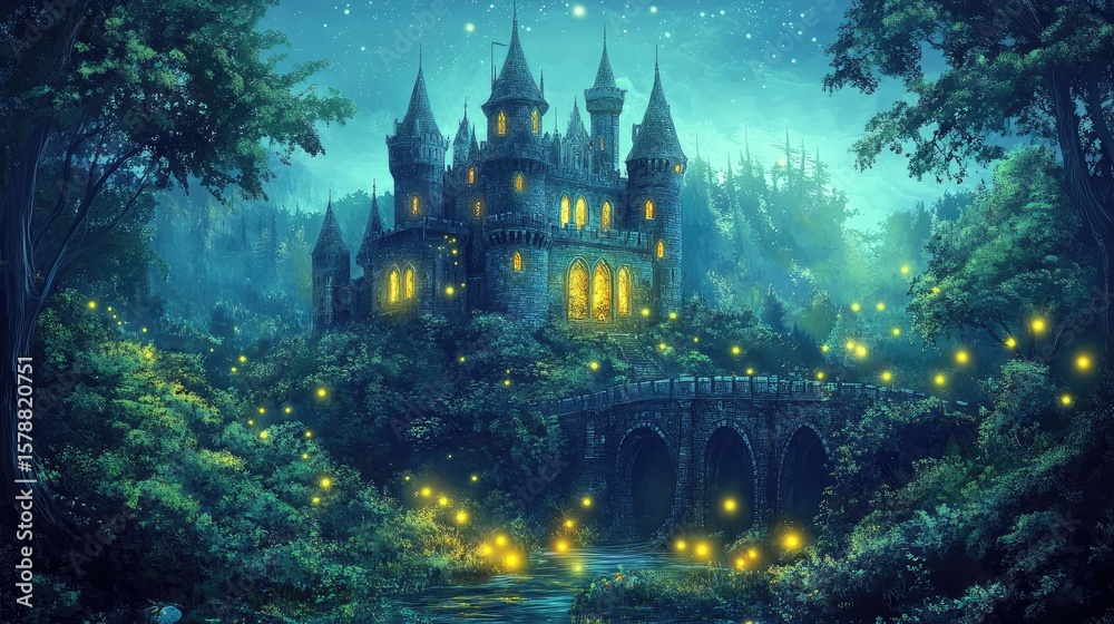 Fototapeta premium A magical castle stands prominently within a fantastical landscape in the stock photo.