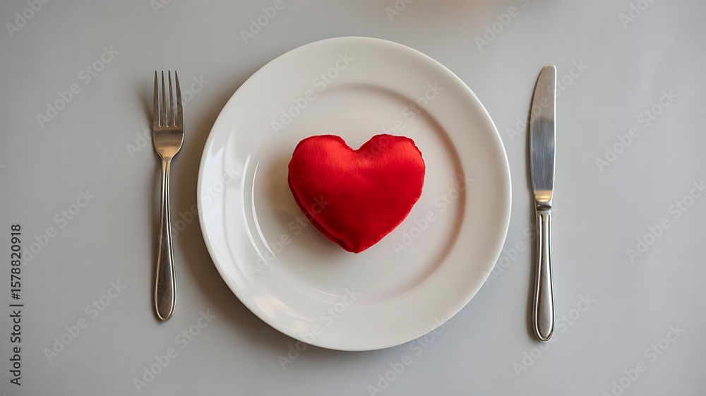 Red heart on white plate with fork and knife representing love and romance
Red heart on white plate with fork and knife representing love and romance