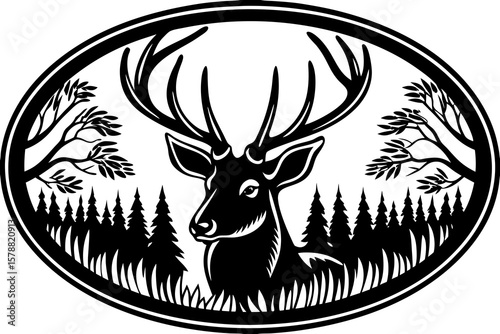A deer head with antlers is surrounded by trees in an oval