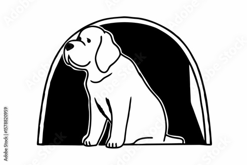 A cute puppy is sitting inside a doghouse isolated on white background