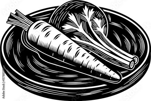 A carrot and celery are on a plate in black and white