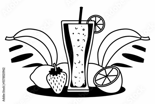 A glass of smoothie with fruits in black and white